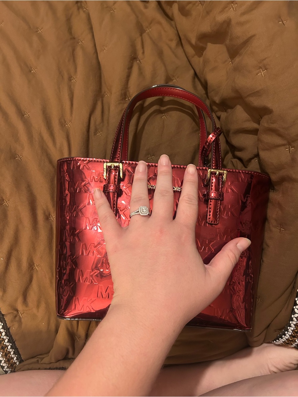 Michael Kors Shiny Red Embossed MK Mini Tote - Picture 2 of 3